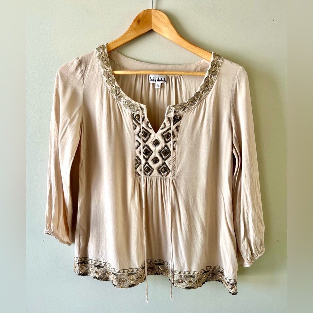 Lady Dutch Taupe Beaded Peasant Blouse 3/4 Sleeve Women's Small -Boho Festival